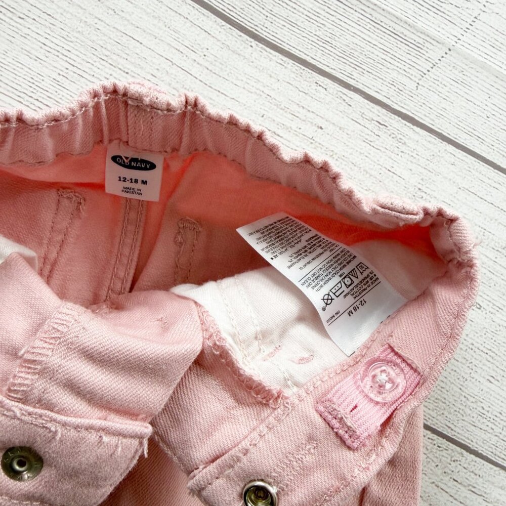 Old Navy Pink Denim Skirt Baby Girl Frayed Hem Jean Skirt 12-18 Months - Picture 2 of 3